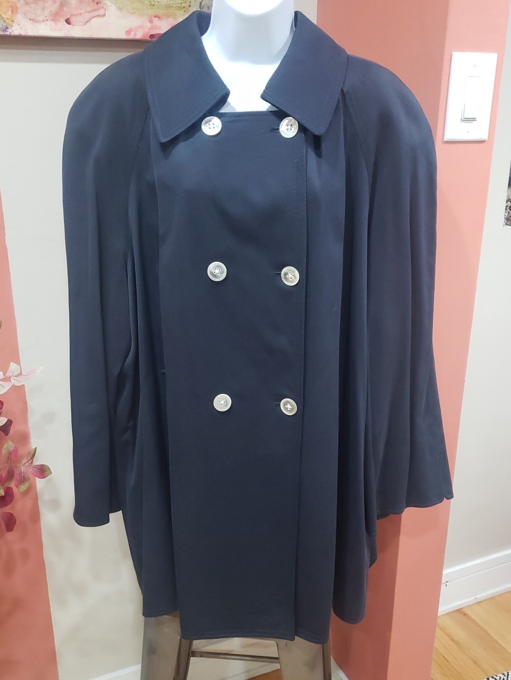 Ellen Tracy Navy Double-Breasted Coat with White Buttons, Size 24